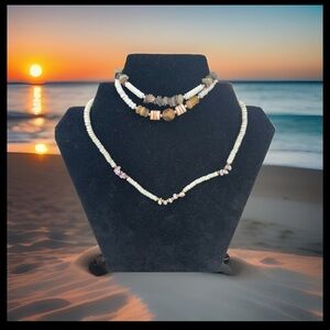 Hawaiian Heishi Puka Shell 16” Choker Necklace and Two 9.5” Anklets Vintage